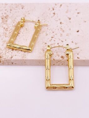 Gold Bamboo-Textured Rectangular Hoop Earrings - Women Jewelry